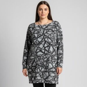 NOLA Grey Black Abstract Geometric Print Long Sleeve Tunic Sweater Size 3X